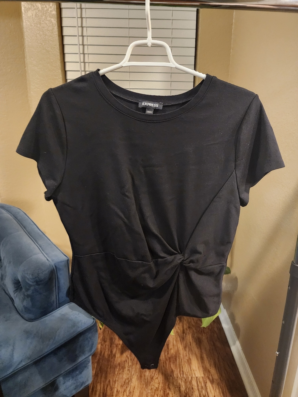 Express Black Twist-Front Short Sleeve Bodysuit - Crew Neck
